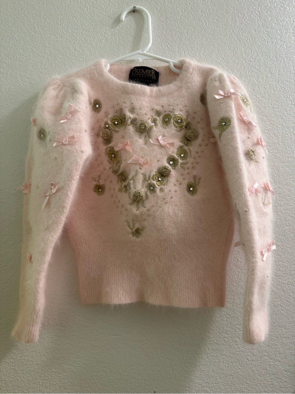 Premier Pale Pink Puff-Sleeve Embellished Heart Sweater